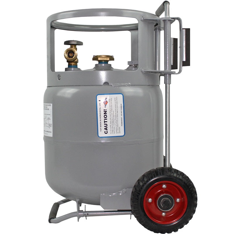 Flame King 20lb propane cylinder gauge with wheels, horizontal and vertical design, for home and garden use.