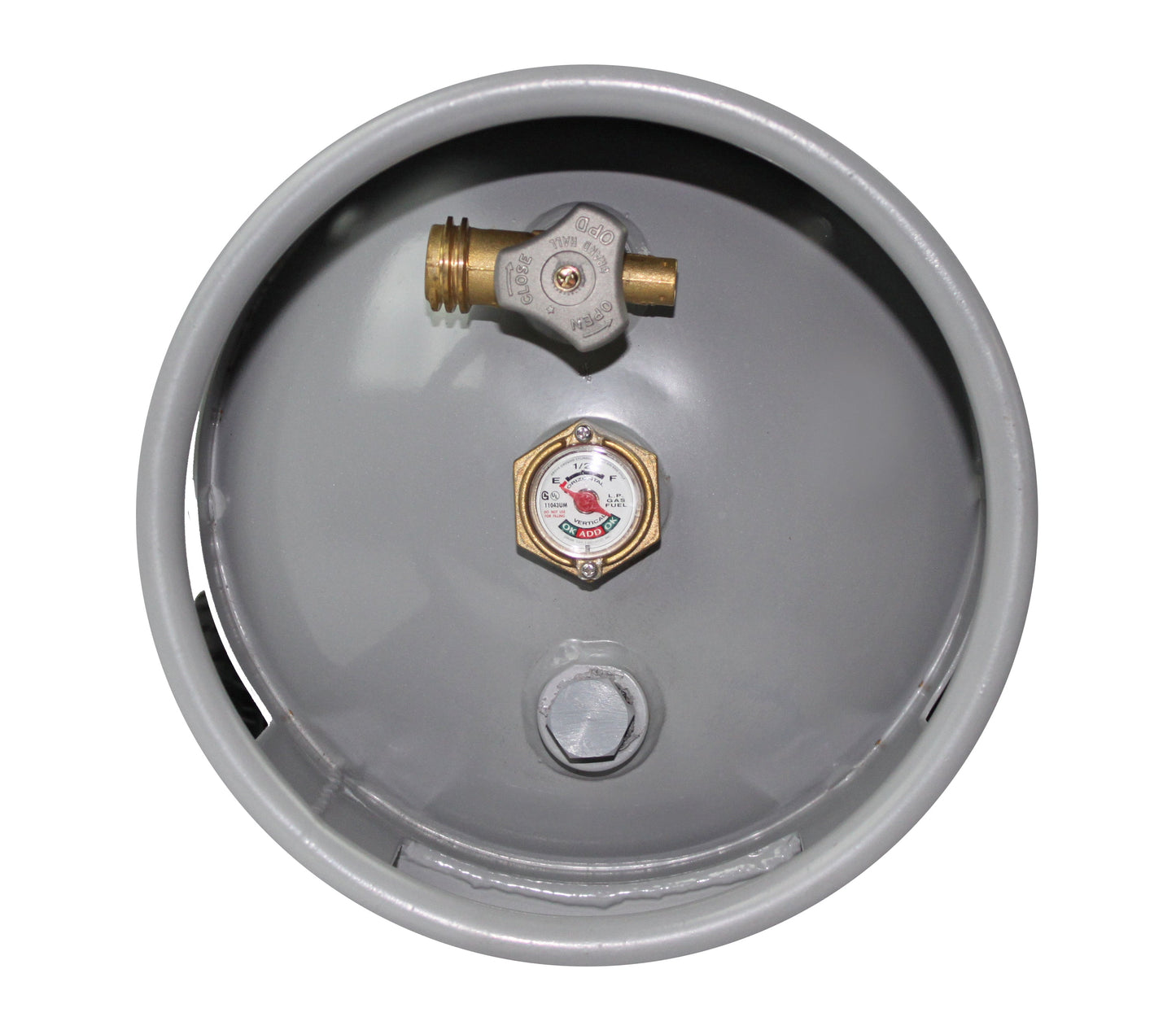 Flame King 20lb propane cylinder gauge with wheels, showing horizontal and vertical orientation, OPD valve, and safety features.