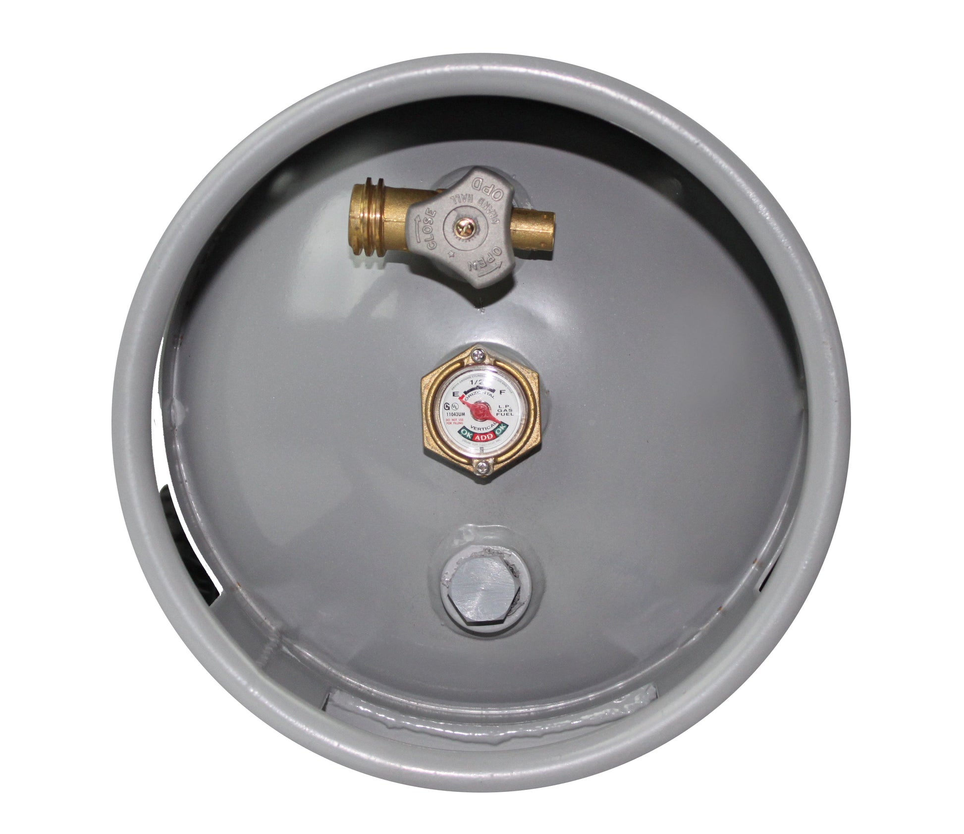 Flame King 20lb propane cylinder gauge with wheels, showing horizontal and vertical orientation, OPD valve, and safety features.