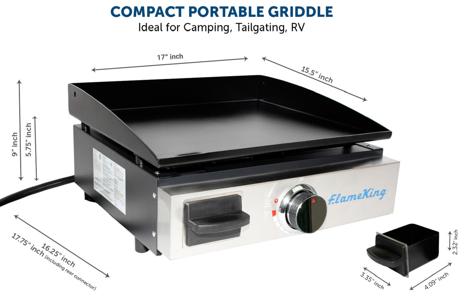 Flame King 17-inch portable LP griddle with small regulator, designed for RV and trailer kitchen use, flat-top cooking surface.