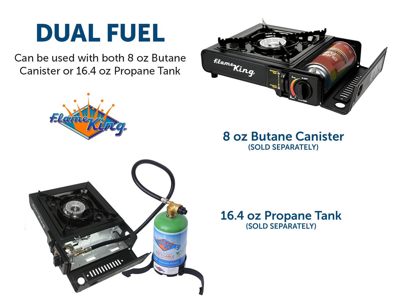 Flame King portable camping gas stove with single burner, designed for butane and propane use, ideal for outdoor cooking.