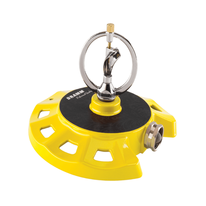 Yellow Dramm ColorStorm spinning sprinkler, a durable garden watering tool from Rivendell Distribution, with rotating spray pattern.