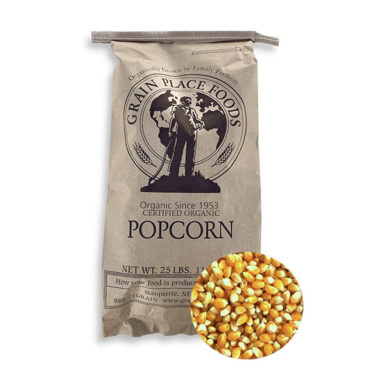 Organic yellow popcorn kernels in a 25 lb bag from Grain Place Foods, non-GMO, ideal for making fresh popcorn.