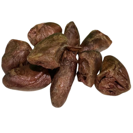 Freeze-dried duck hearts dog treats from Quailz.com, single ingredient USA-made pet treats, shown in a 3 oz package.