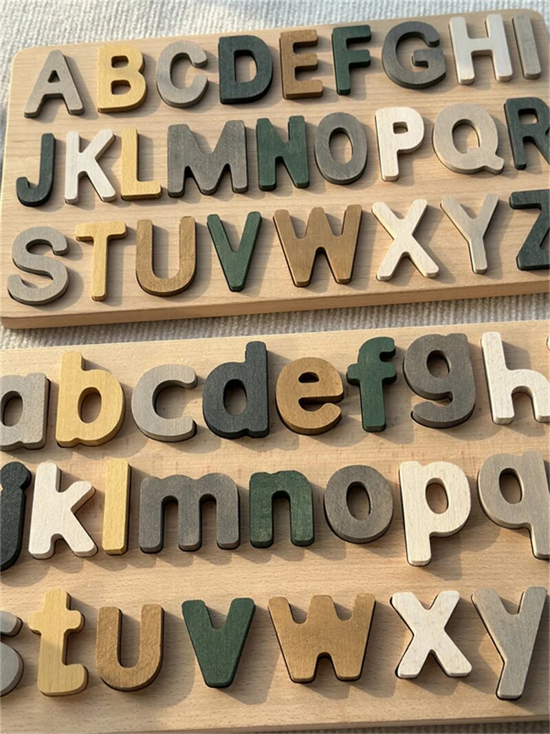 Colorful Montessori wooden puzzles by Petite Pioneers featuring alphabet pieces for early learning and educational play.