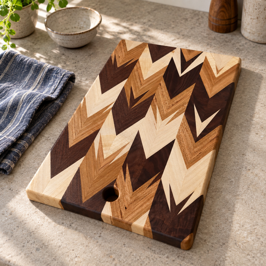 Handcrafted Amish Chevron cutting board with multi-wood inlay and beeswax finish, measuring 9.5” x 14” for kitchen use.