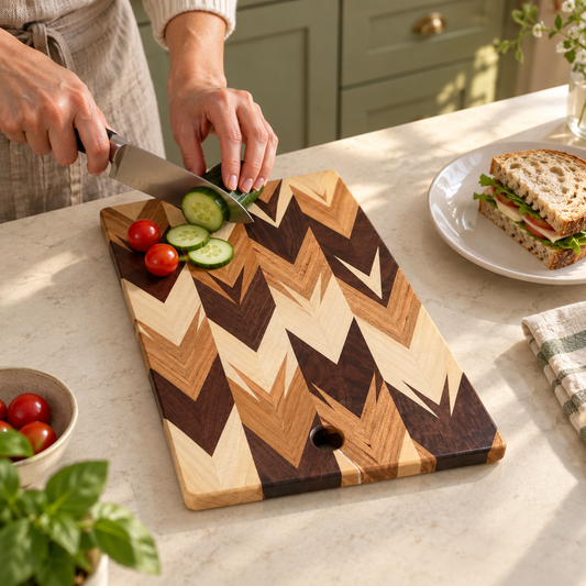 Handcrafted Amish Chevron cutting board with multi-wood inlay and beeswax finish, measuring 9.5” x 14” for kitchen use.