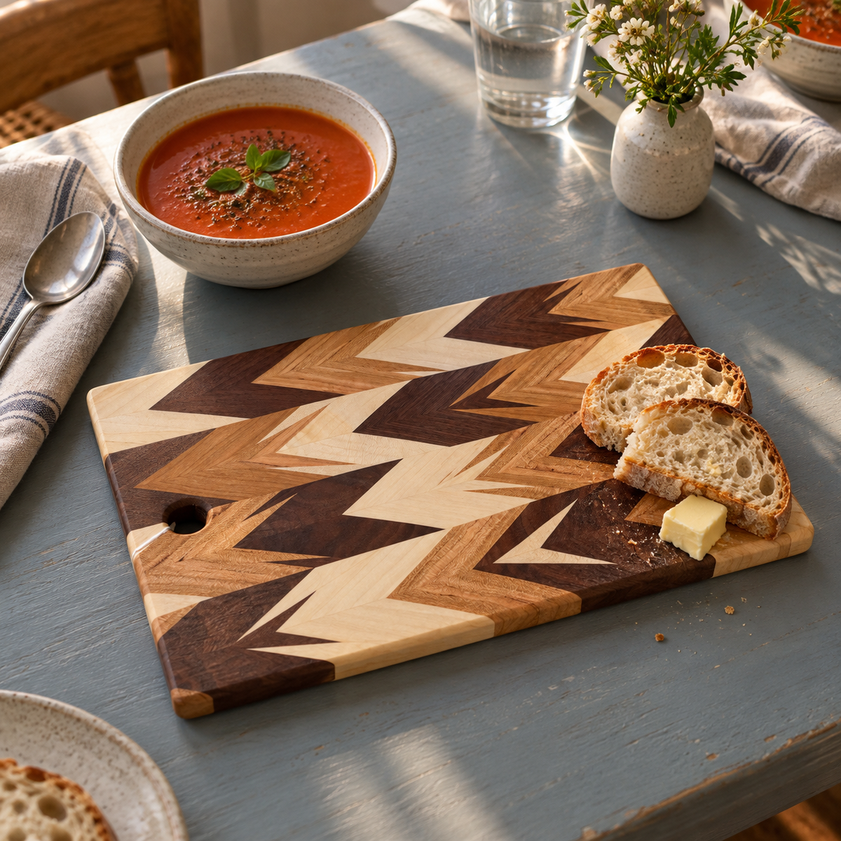 Handcrafted Amish Chevron cutting board with multi-wood inlay and beeswax finish, 9.5x14 inches, suitable for kitchen use.