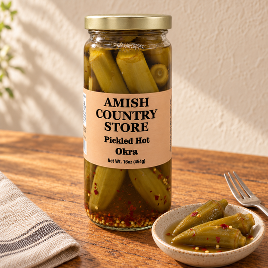 Jar of Amish Country Store pickled hot okra in a 16oz glass jar, showing bright green okra spears immersed in pickling brine.