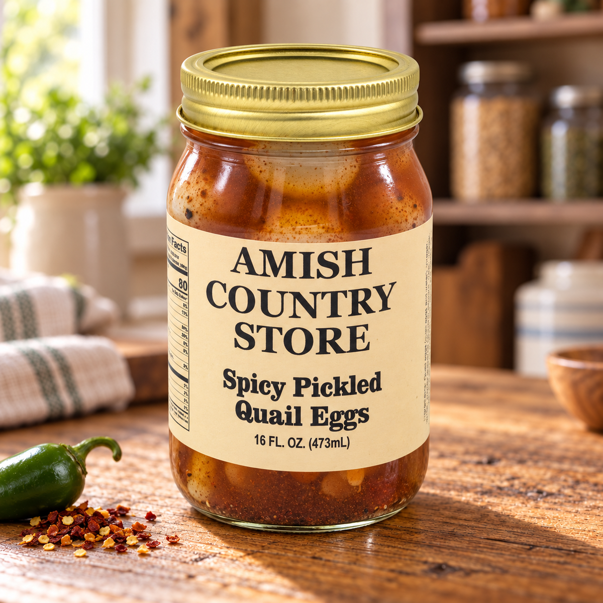 Canned spicy pickled quail eggs from Amish Country Store in a jar with red chili flakes and spices, ready for snacking or cooking.