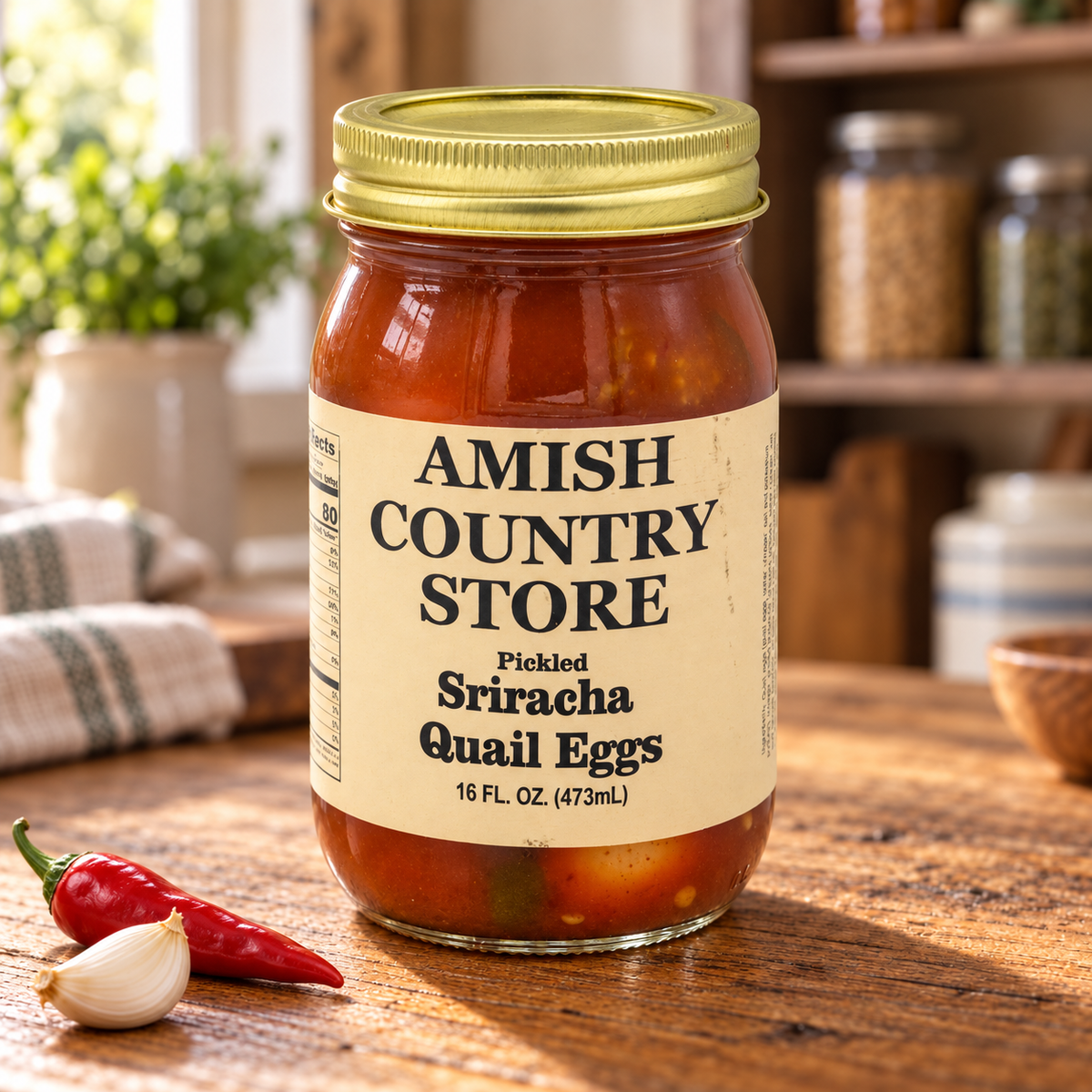 Canned pickled Sriracha quail eggs in a jar, spicy and tangy, from Amish Country Store, ready to add flavor to dishes.