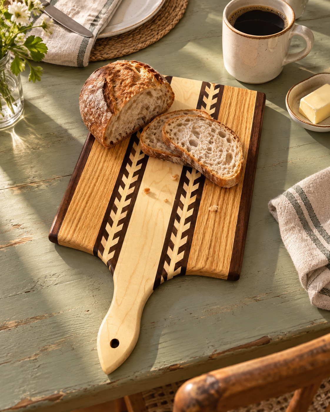 Amish Handmade Wheat Inlay wooden cutting board with mixed hardwood paddle design, ideal for kitchen use and food preparation.