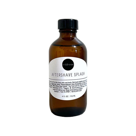 Refillism 4oz aftershave splash in a glass bottle, personal care product with a clear liquid, suitable for soothing skin after shaving.