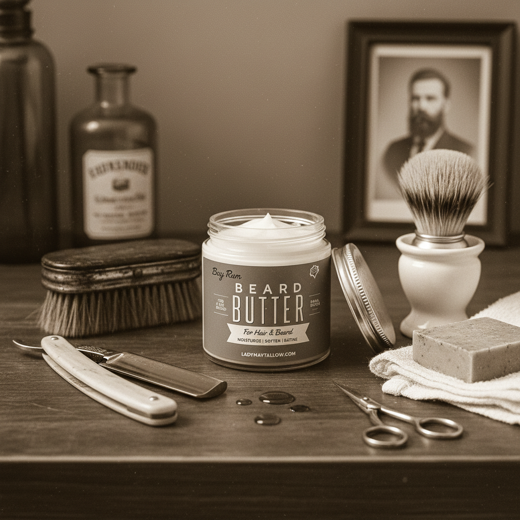 Lady May Tallow Bay Rum Beard & Body Butter, natural tallow moisturizer in a creamy body lotion for men's skin.