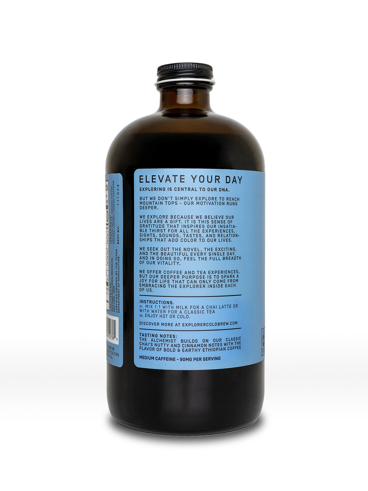 Bottle of 32oz Explorer Cold Brew Chai Concentrate for tea and infusions, with a dark amber liquid inside.