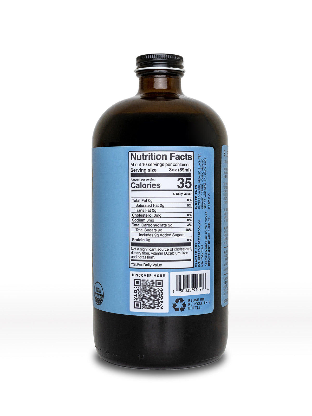 32oz Explorer Cold Brew Chai Concentrate in a clear glass bottle, ready for tea and infusion recipes.