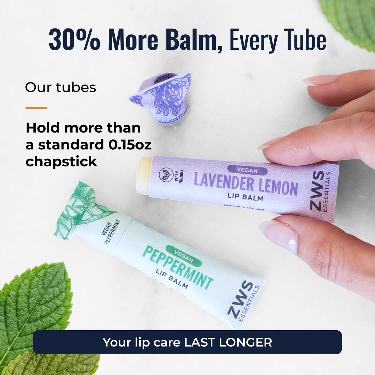 All-natural lip balm from ZeroWasteStore.com showing a tube with a clear label and smooth balm inside