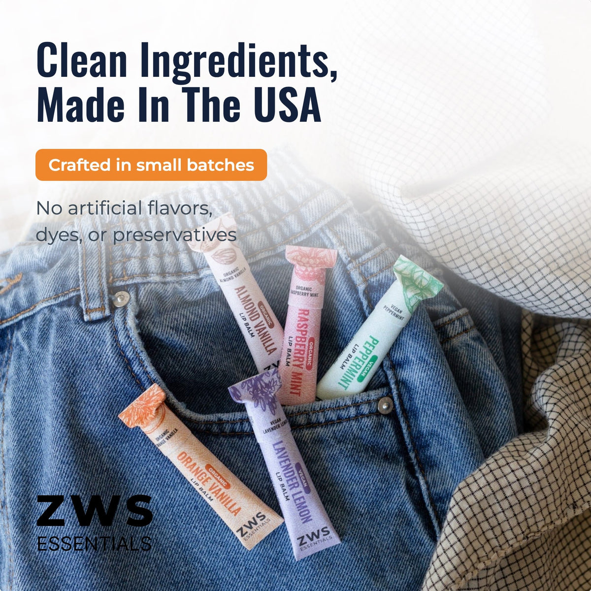 All-natural lip balm made with clean ingredients, featuring a natural finish, produced in the USA.