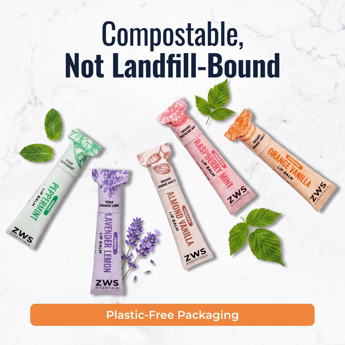 All-natural ZeroWasteStore.com lip balm in a compostable paper tube showing smooth, moisturized lips and eco-friendly packaging.