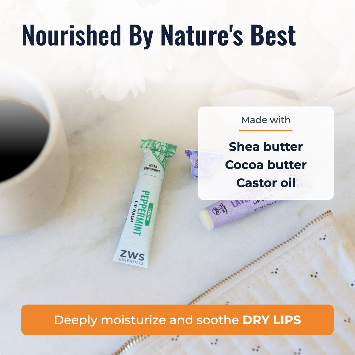 All-natural lip balm by ZeroWasteStore.com, featuring a smooth, nourishing application on lips in a natural setting.