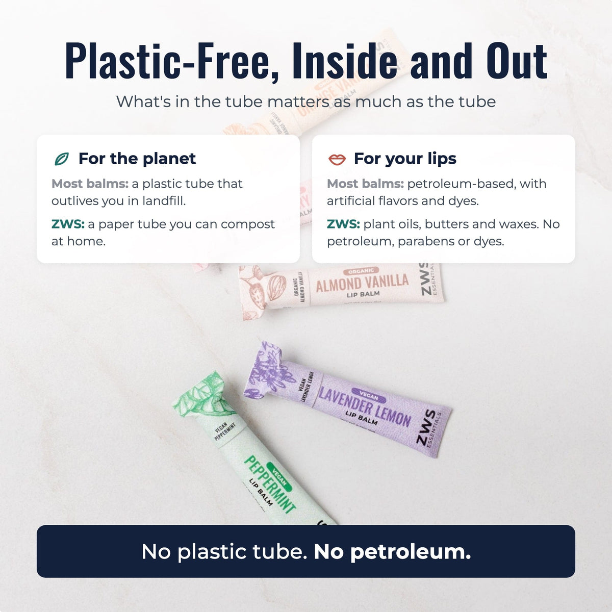 All-natural lip balm from ZeroWasteStore.com in a plastic-free packaging, showing the balm tube and natural ingredients.