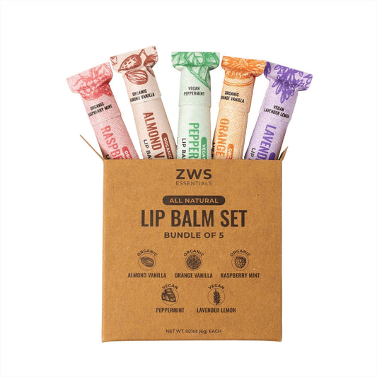 Set of five all-natural lip balms from ZeroWasteStore.com, featuring various soothing flavors in eco-friendly packaging.