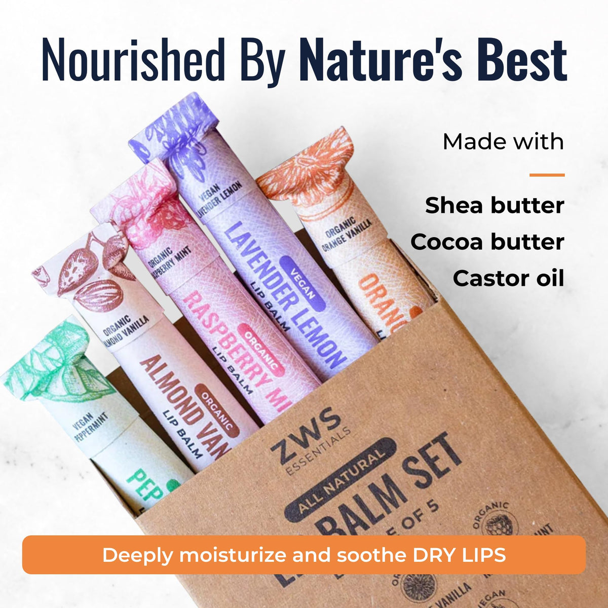 Set of five all-natural lip balms from ZeroWasteStore.com showcasing various flavors in eco-friendly packaging.