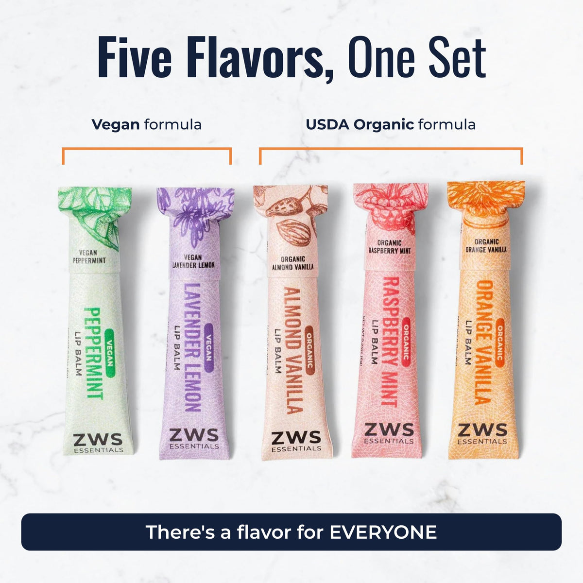 Set of five all-natural lip balms from ZeroWasteStore.com featuring various flavors and eco-friendly packaging.
