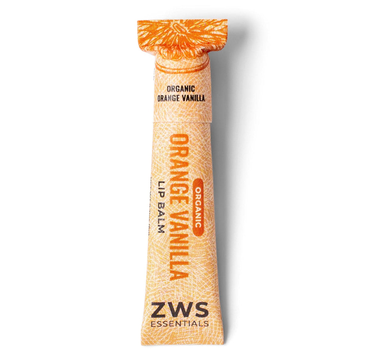All-natural lip balm with organic orange vanilla flavor from ZeroWasteStore.com, showing the balm in a small container.