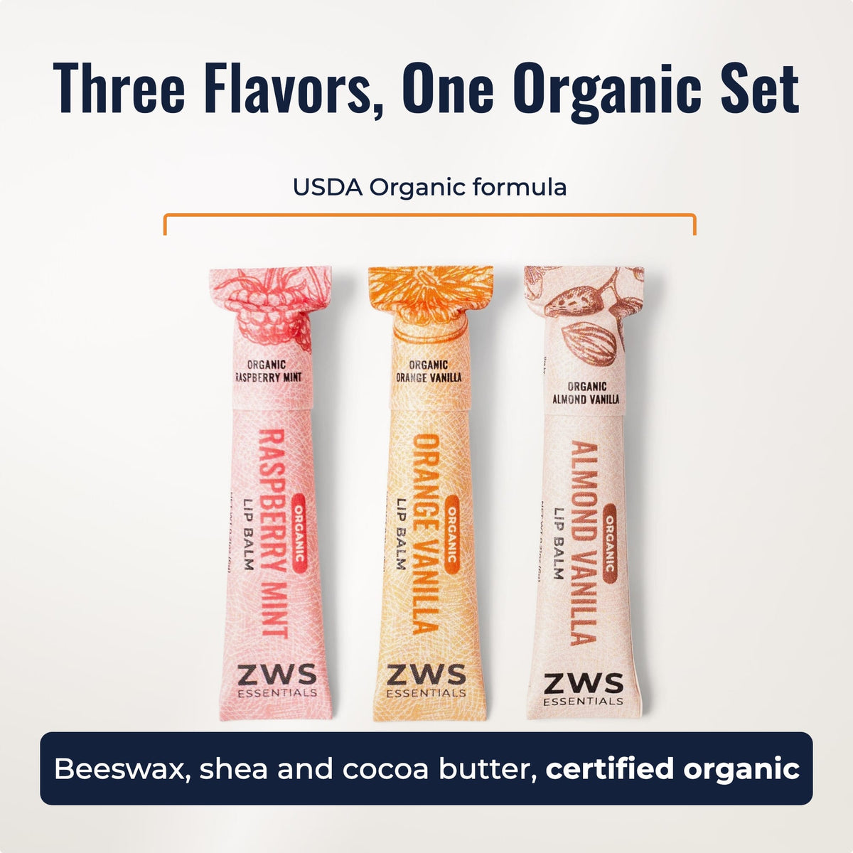 All-natural lip balm by ZeroWasteStore.com in organic flavor trio, showing three balm tins with natural ingredients and eco-friendly packaging.