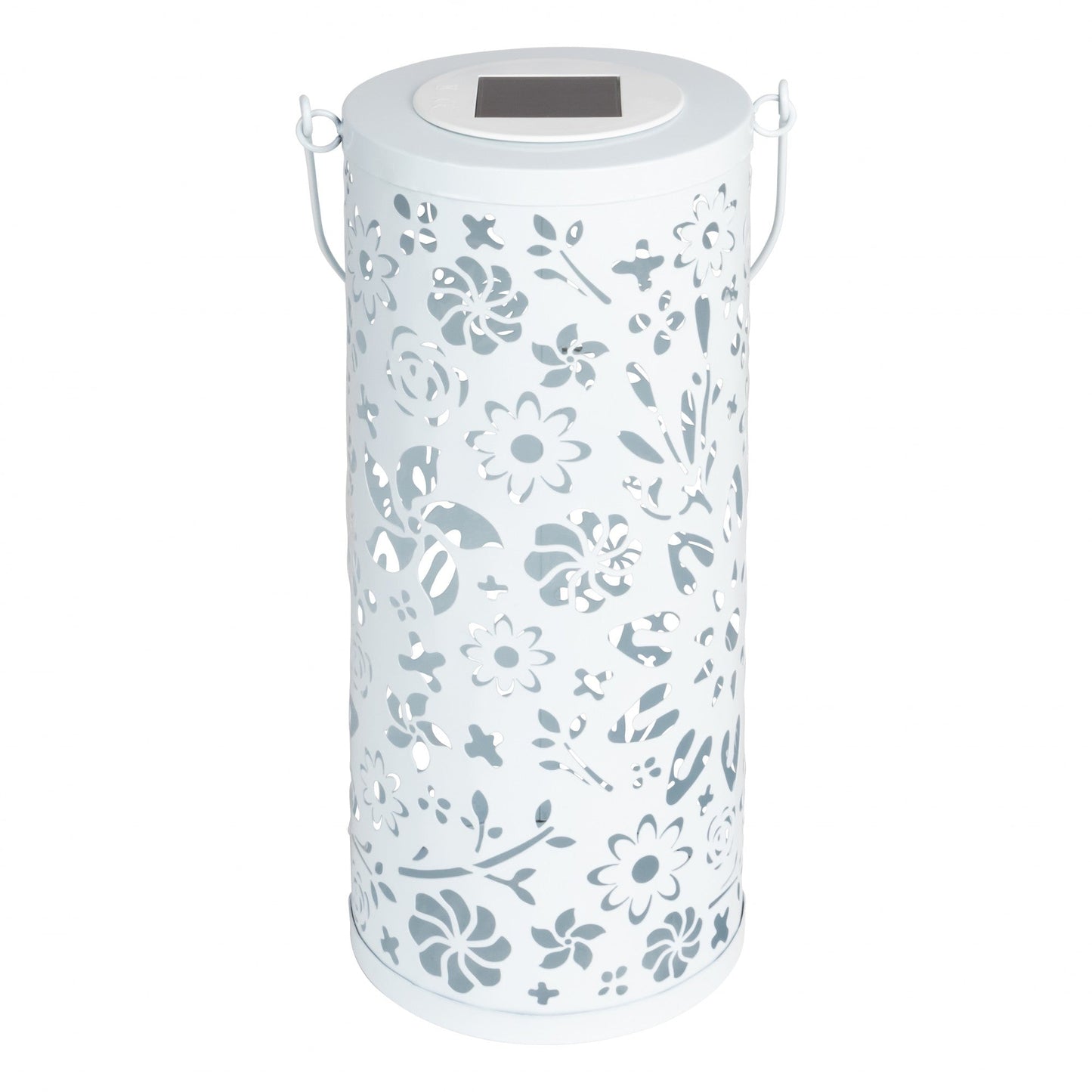 White Bloom Punched Metal Solar Lantern by Allsop Home & Garden, showcasing intricate punched metal design for outdoor decor.