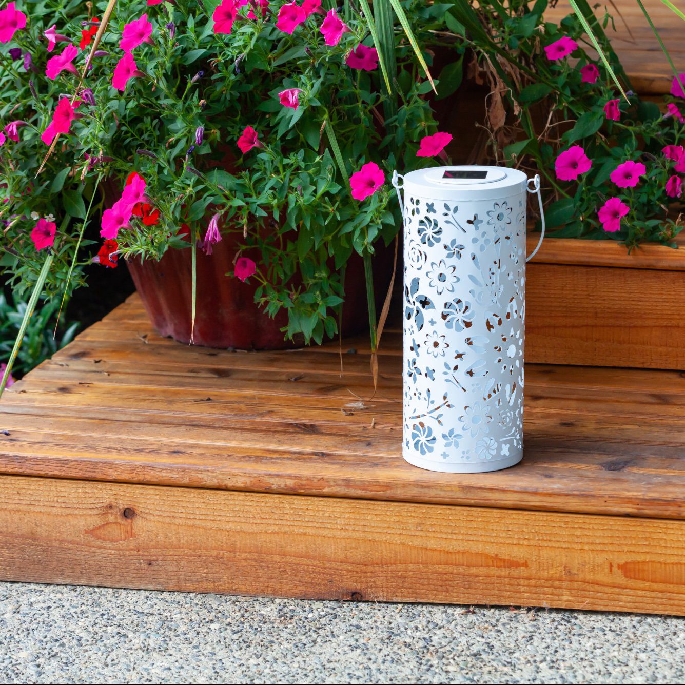 White Bloom Punched Metal Solar Lantern by Allsop Home & Garden, featuring intricate punched metal design and solar-powered lighting.