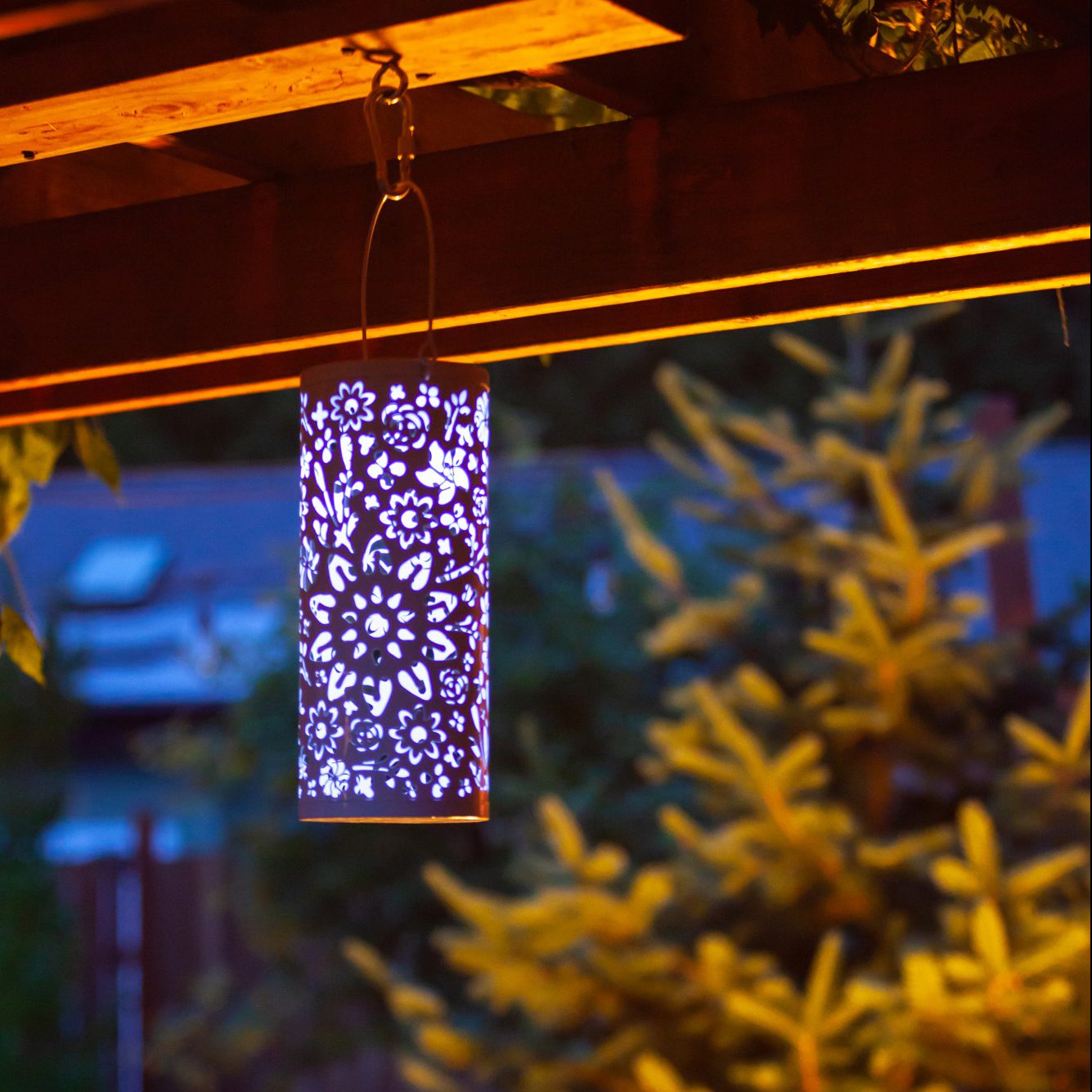 White Bloom Punched Metal Solar Lantern by Allsop Home & Garden, featuring intricate punched metal design and solar-powered lighting.