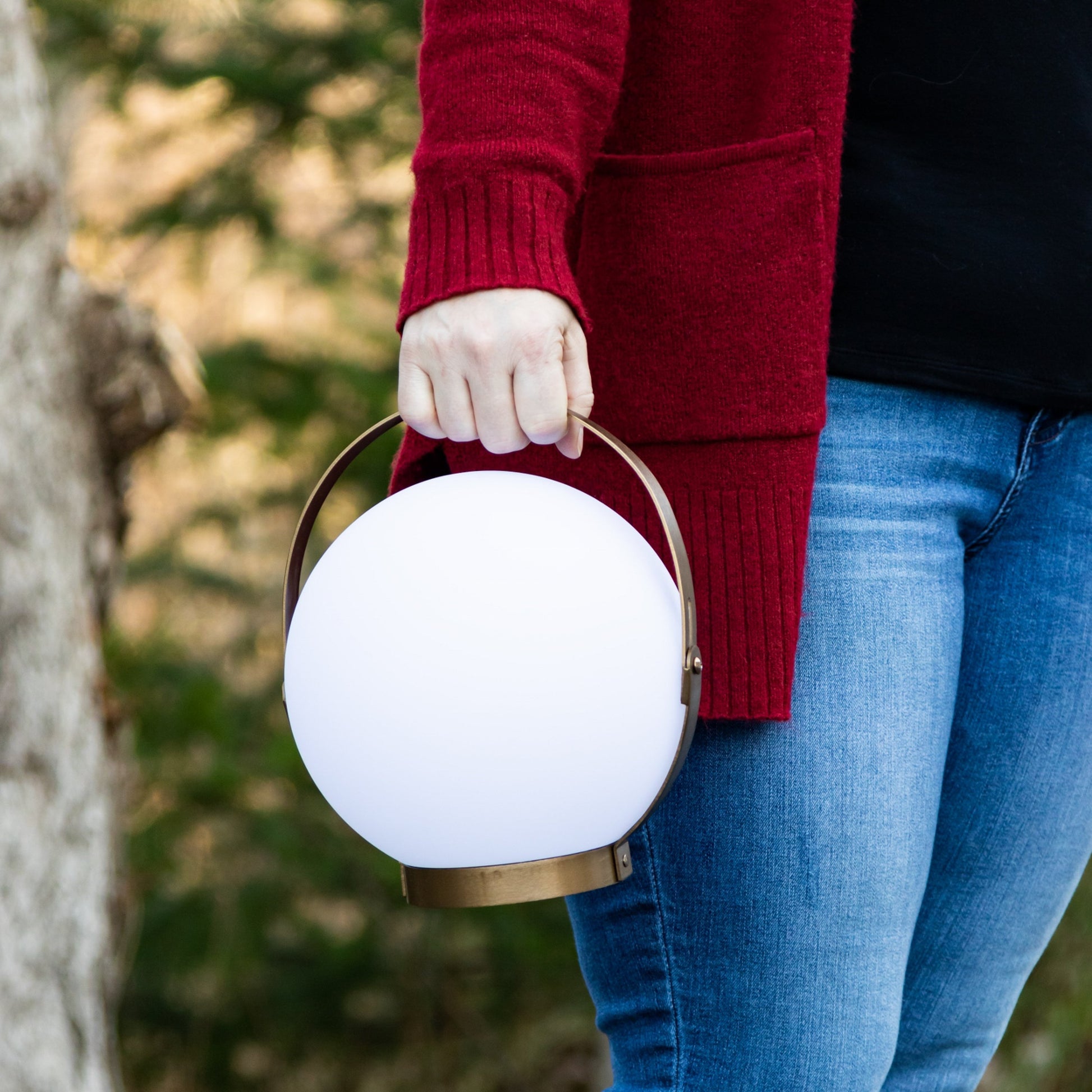 Allsop Home & Garden Moonrise portable rechargeable LED lantern showing its compact design and bright illumination in a natural setting.