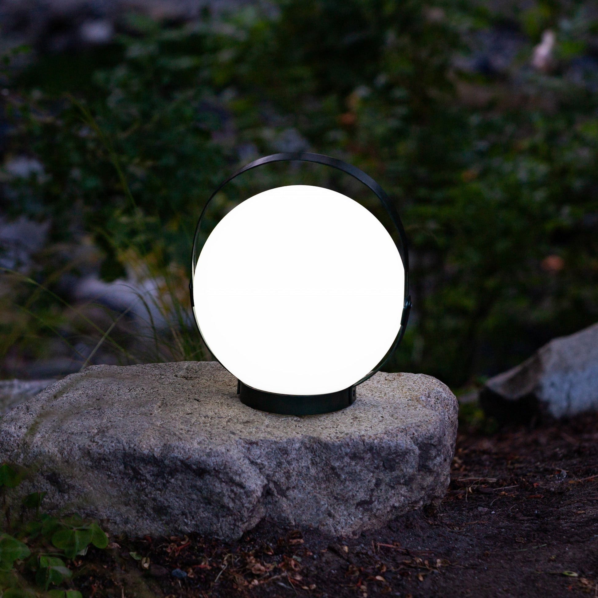 Allsop Home & Garden Moonrise portable rechargeable LED lantern, compact outdoor lantern with bright light and handle for easy carrying.
