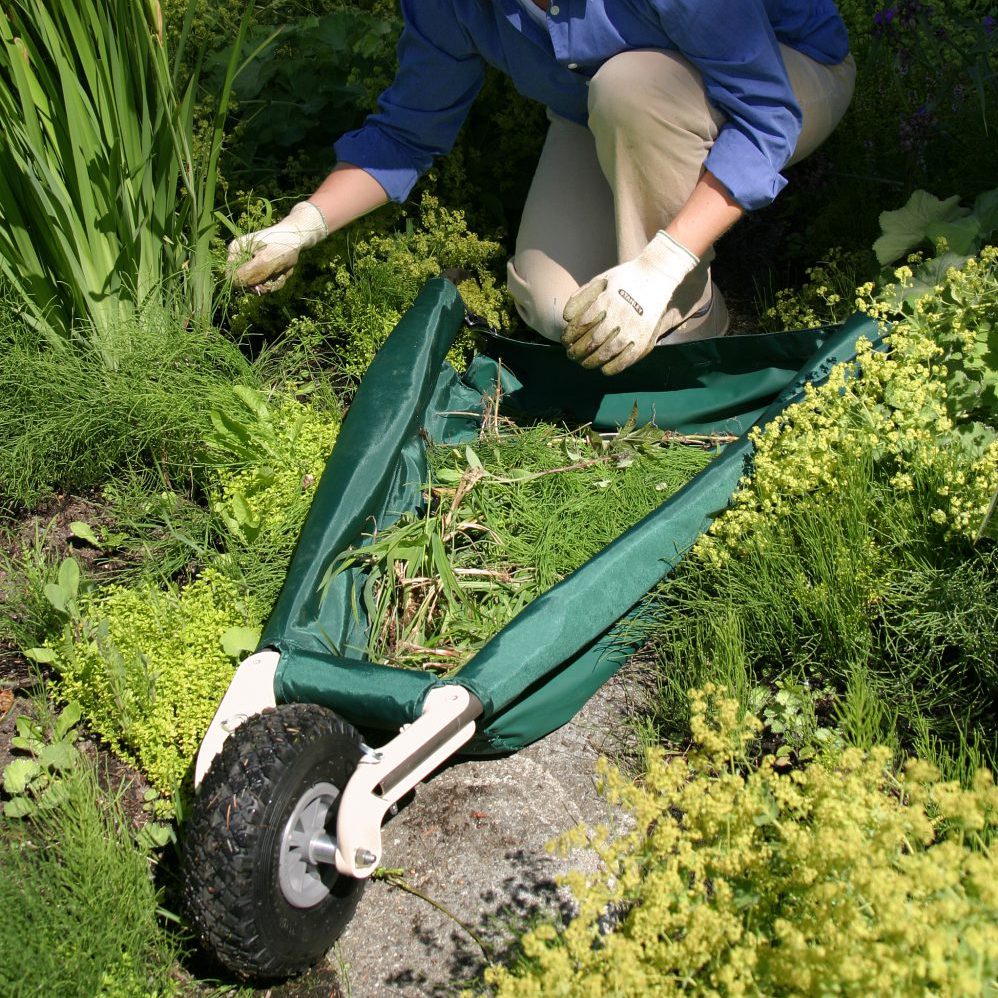 Allsop Home & Garden WheelEasy LE foldable garden cart wheelbarrow with sturdy handles and a large load capacity for outdoor gardening.