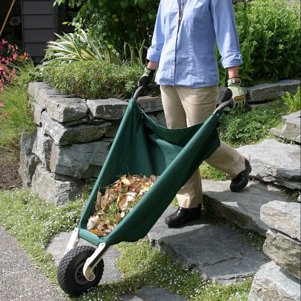 Allsop Home & Garden WheelEasy LE foldable garden cart wheelbarrow with sturdy handles and spacious load area for gardening tasks.