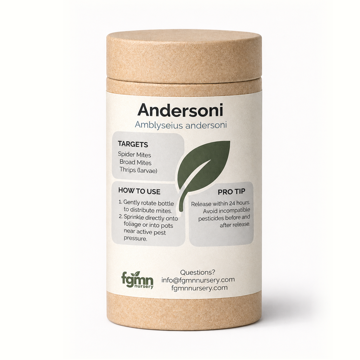 Amblyseius andersoni predatory mite treatment bottles from FGMN Nursery, containing beneficial mites for pest control.