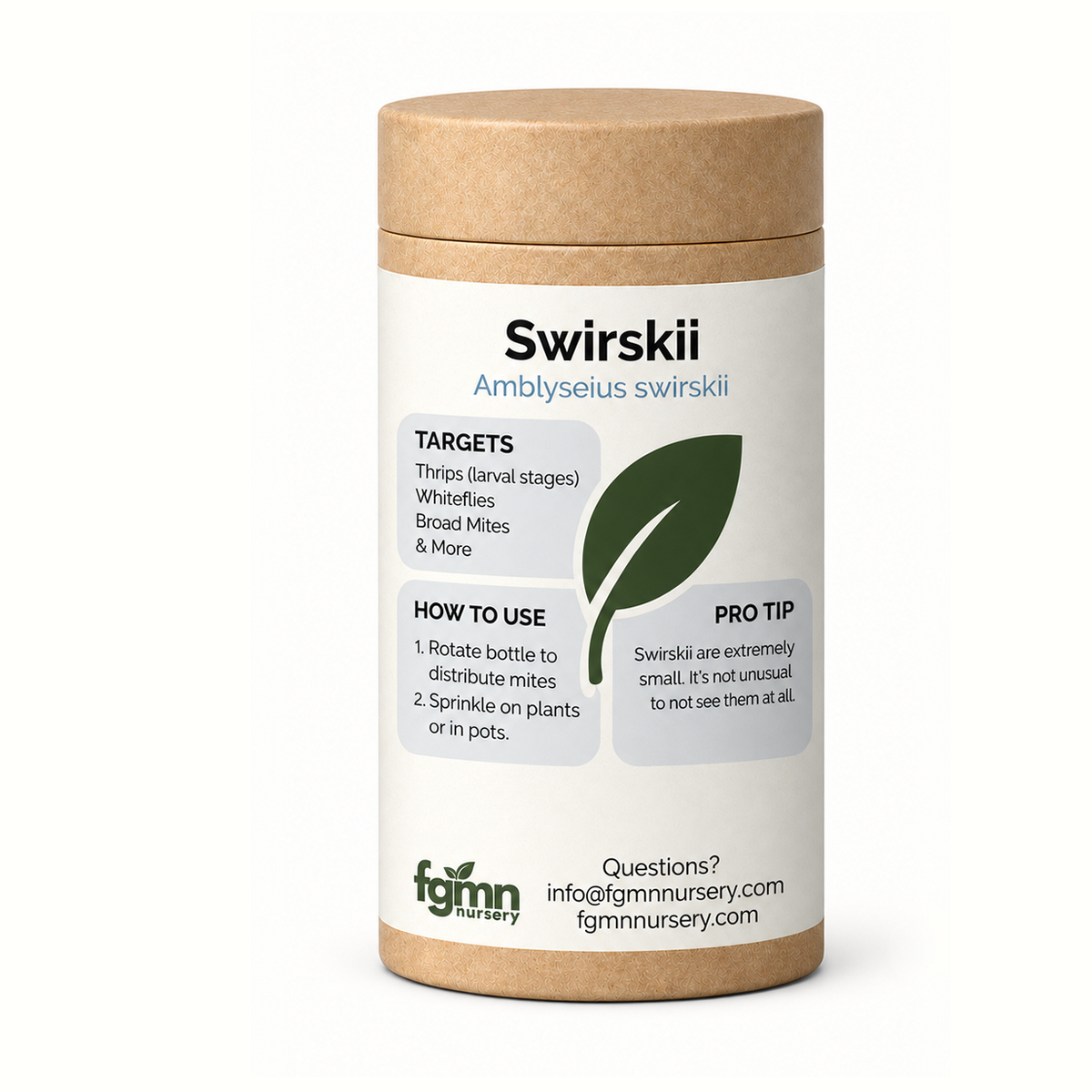 Amblyseius swirskii thrips treatment bottles from FGMN Nursery, containing beneficial predatory mites for pest control.