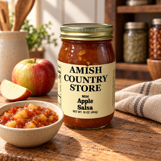 Canned Amish Country Store Apple Salsa jar, 16 oz, with fresh apple chunks and salsa ingredients visible in the image.
