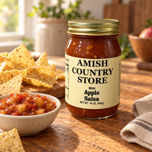Canned Amish Country Store Apple Salsa 16 oz jar, showing fresh apple chunks and salsa ingredients in a clear glass jar.