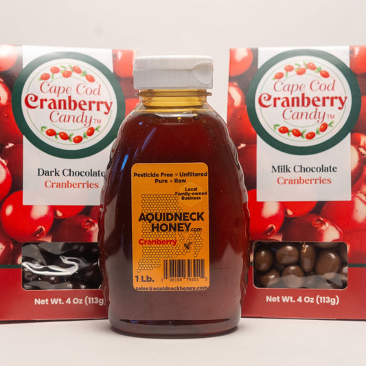 Aquidneck Honey Cranberry Honey and Chocolate Gift Box with jars of honey and chocolates in a decorative box.