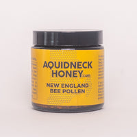 Pure raw bee pollen from Aquidneck Honey, showcasing golden bee pollen granules collected from New Hampshire, Rhode Island, and Massachusetts.