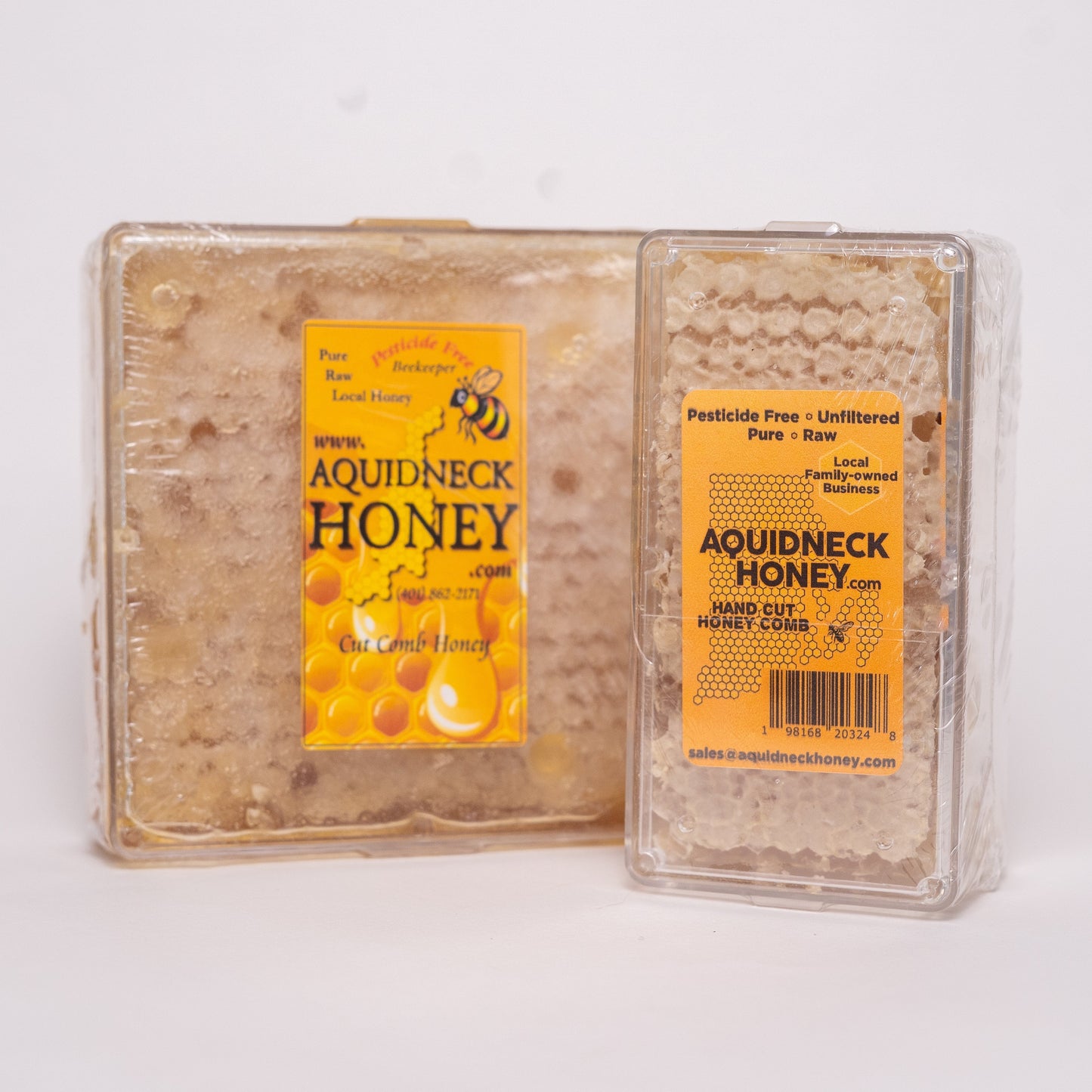 Small New England hand-cut honeycomb from Aquidneck Honey, showcasing golden honey-filled beeswax comb.