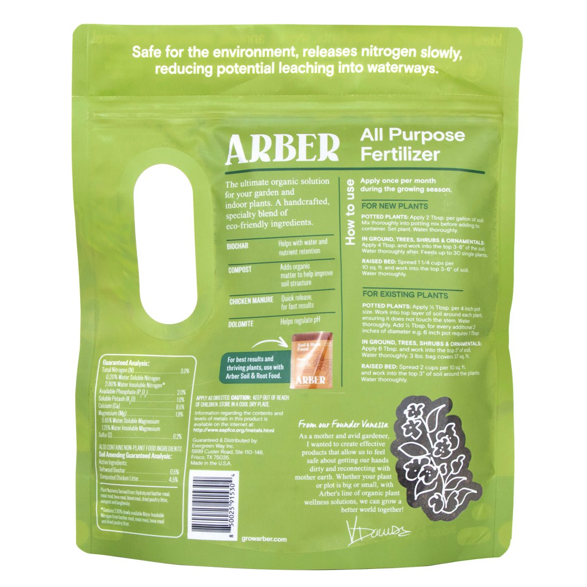 Organic all-purpose fertilizer by Arber, showing a bag with green and white packaging, suitable for garden plants and vegetables.
