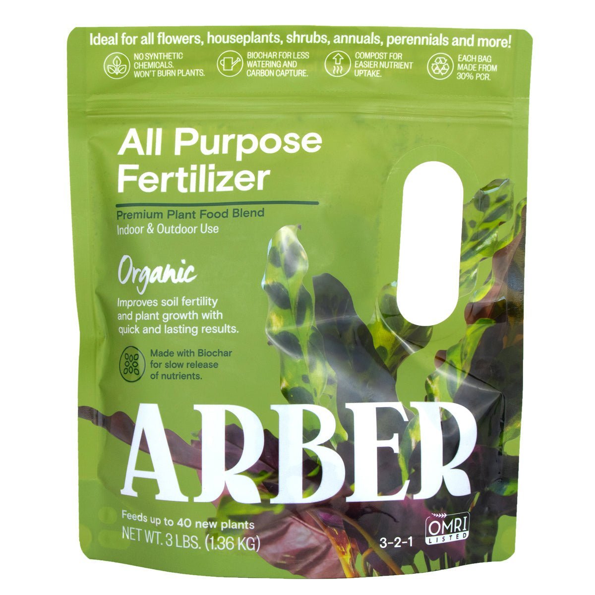Organic all-purpose fertilizer by Arber, showing a bag of natural plant fertilizer with green and white packaging.