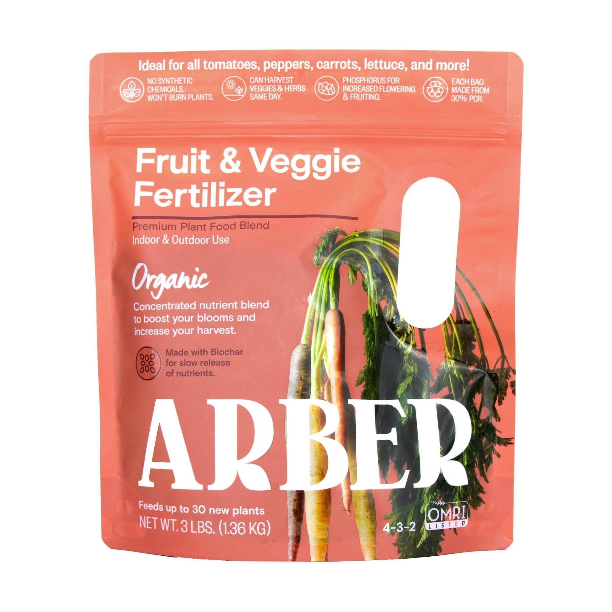 Organic Fruit and Veggie Fertilizer by Arber, showing the natural packaging with fresh produce illustrations on a white background.