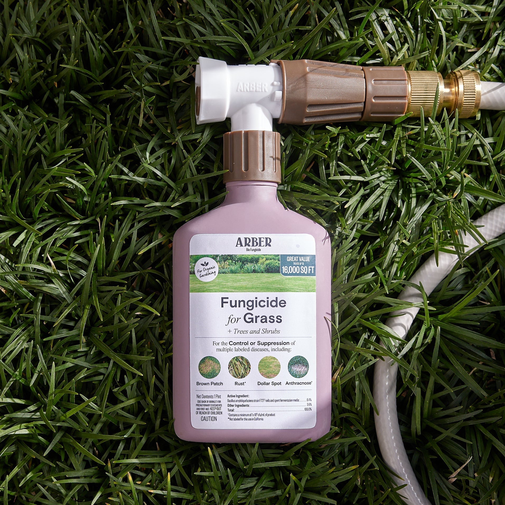 Organic fungicide by Arber for treating grass, trees, and shrubs to prevent fungal diseases in outdoor plants.