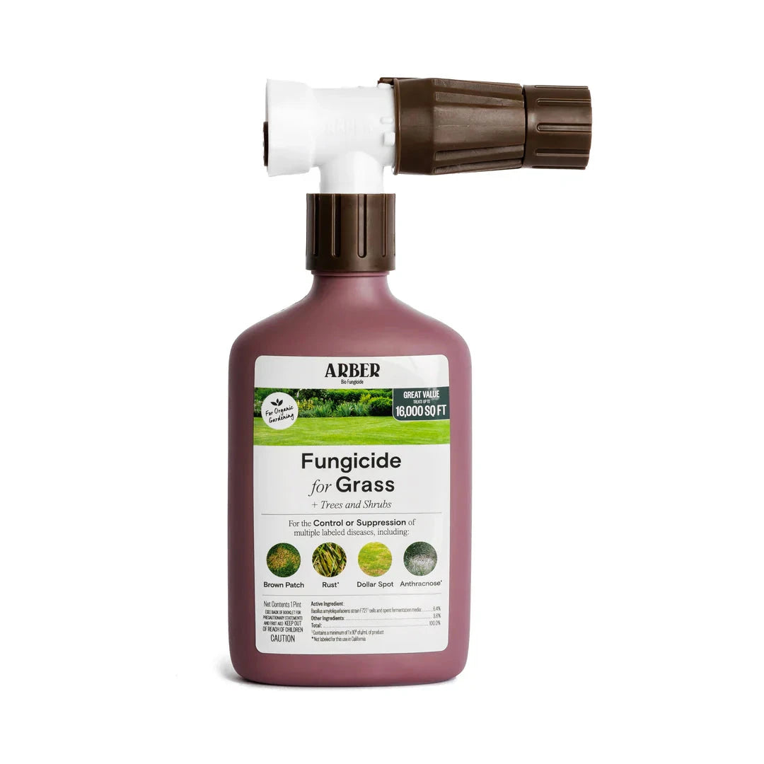Organic fungicide by Arber for grass, trees, and shrubs showing a bottle of the product in a garden setting