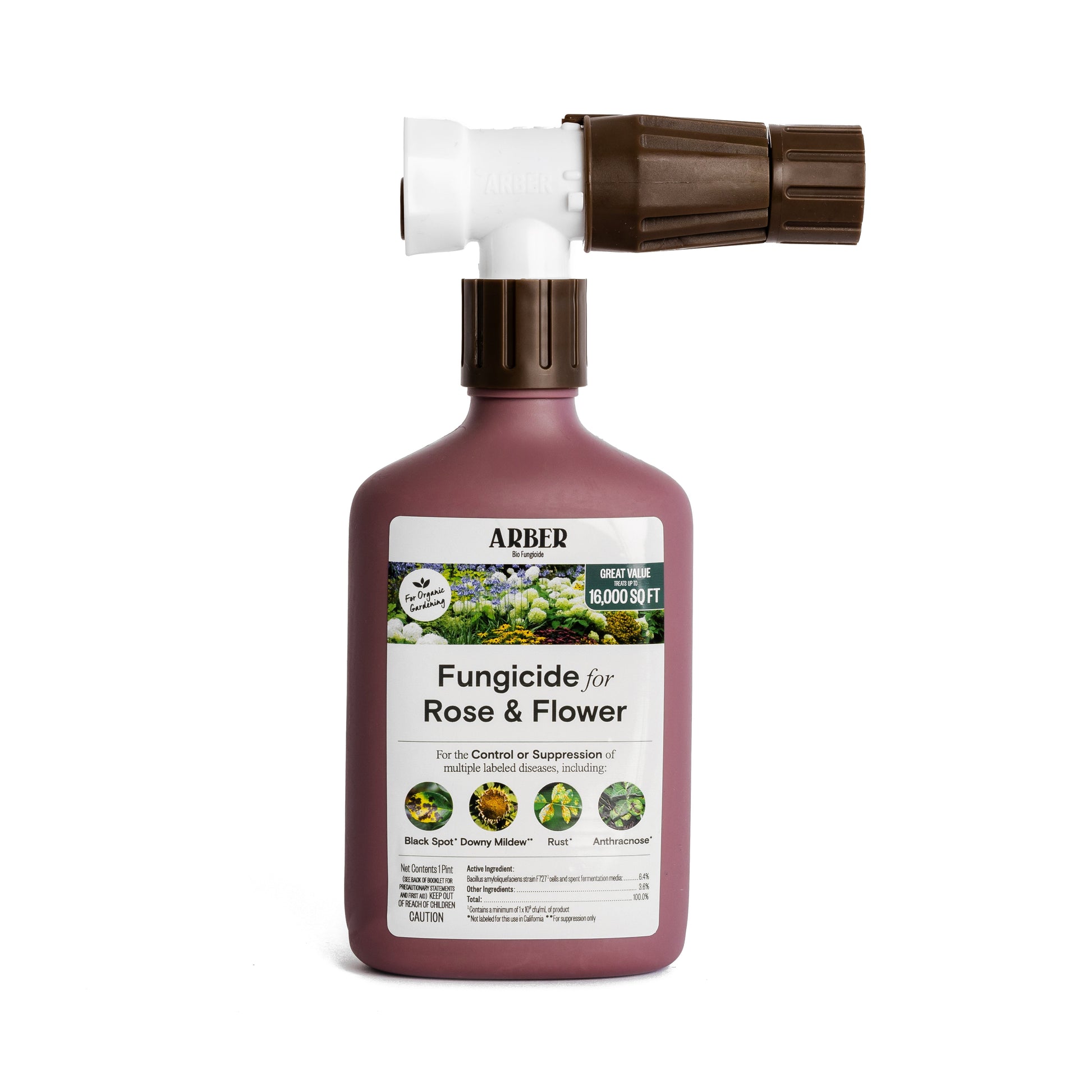 Organic fungicide for roses and flowers by Arber, showing a bottle of natural plant protection product for garden use.